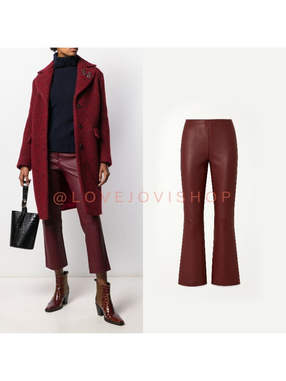 Minimalist | Theory Leather Ankle Pant | Wide Subtle Flare | Bourdeax Red Wine